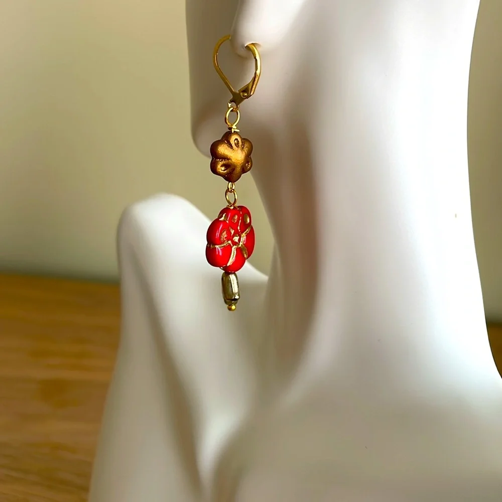 HAND CRAFTED PIERCED EARRINGS Red Gold Bronze Czech Glass Dangling Floral